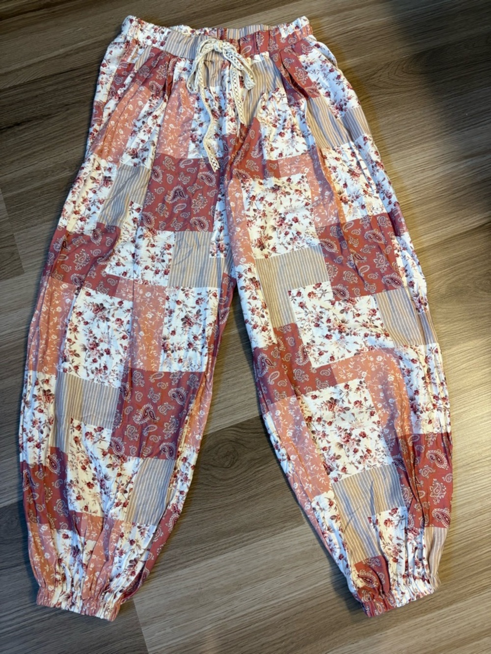 Patchwork Floral Drawstring Joggers - Pink & Cream - Small